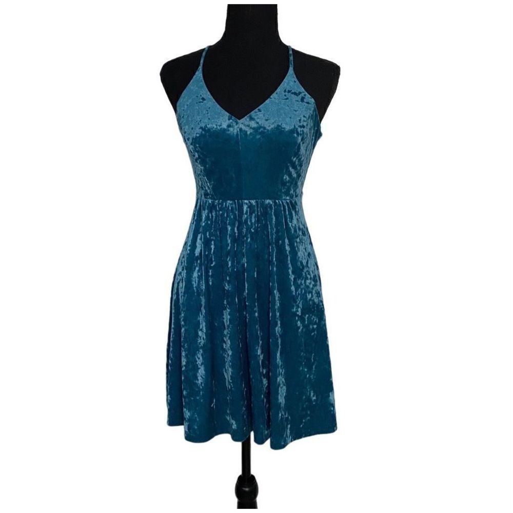 Wild Fable Teal Velvet Skater Dress with Crossback Straps